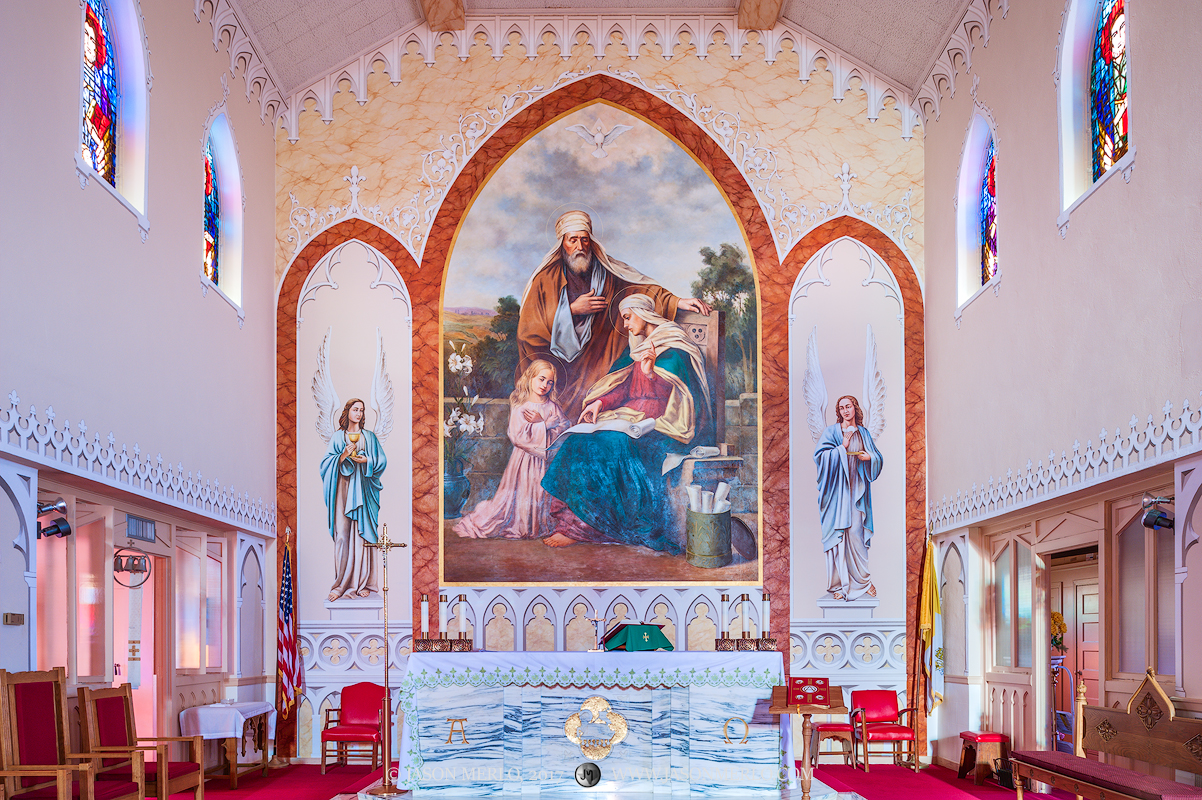 The painted apse and stained glass windows at St. Ann's Catholic Church in Kosciusko, one of the Painted Churches of Texas.