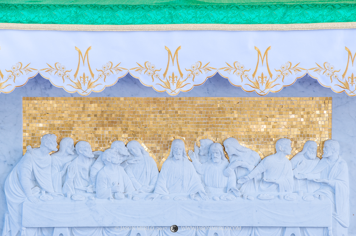 A marble carving of the Last Supper at Immaculate Conception of the Blessed Virgin Mary Catholic Church in Panna Maria, one of...