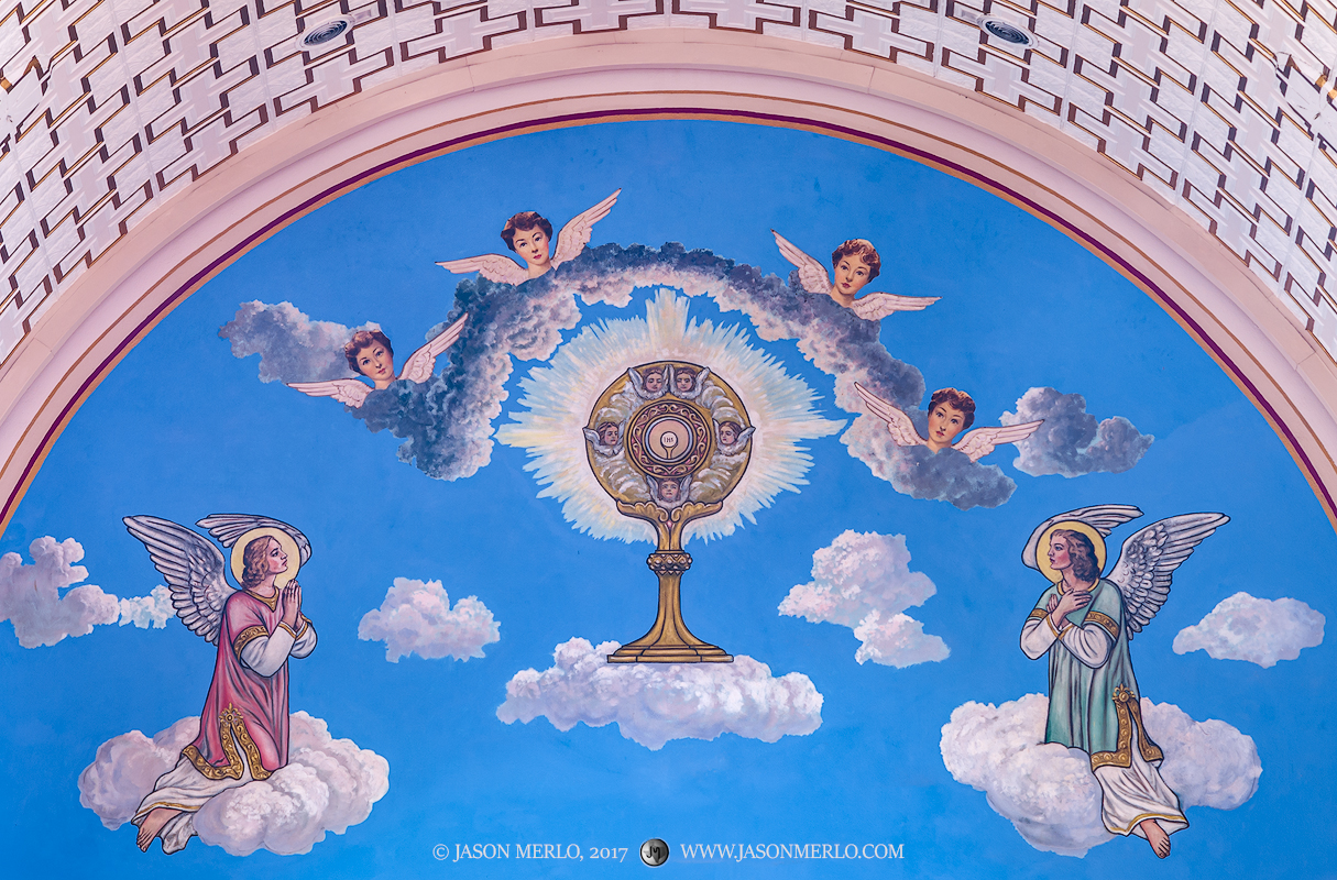 Painting of angels over the sanctuary arch at Sts. Cyril and Methodius Catholic Church in Shiner, one of the Painted Churches...