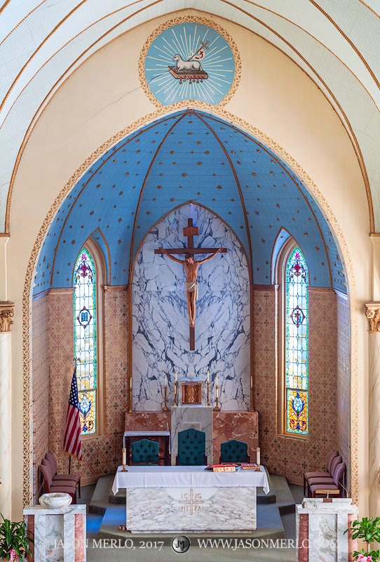 The sanctuary at Our Lady of Grace Catholic Church in La Coste, one of the Painted Churches of Texas.