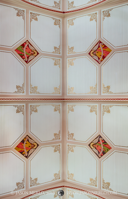 The painted ceiling at Guardian Angel Catholic Church in Wallis, one of the Painted Churches of Texas.