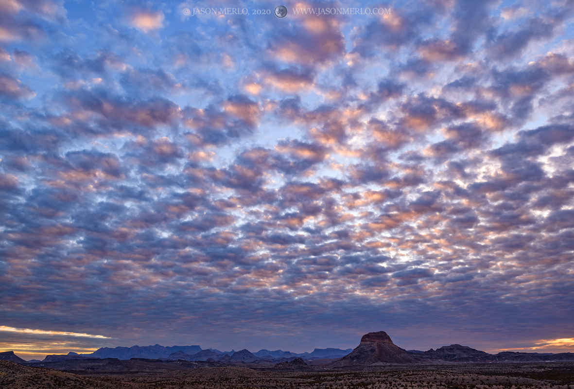 Sunrise clouds over the Chisos Mountains in Big Bend National Park in Brewster County in West Texas.