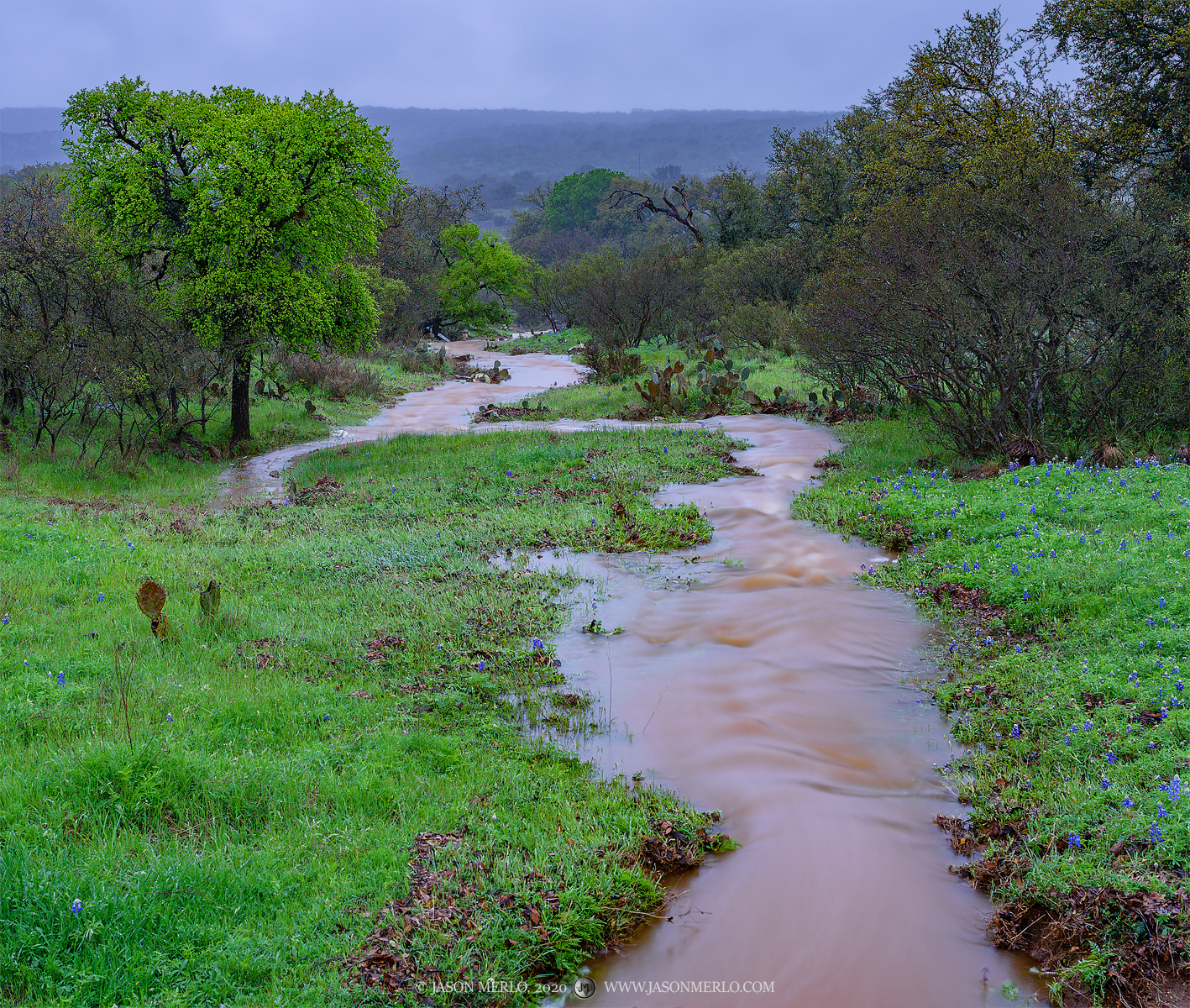 An ephemeral stream running into the James River during a rainstorm in Mason County in the Texas Hill Country.