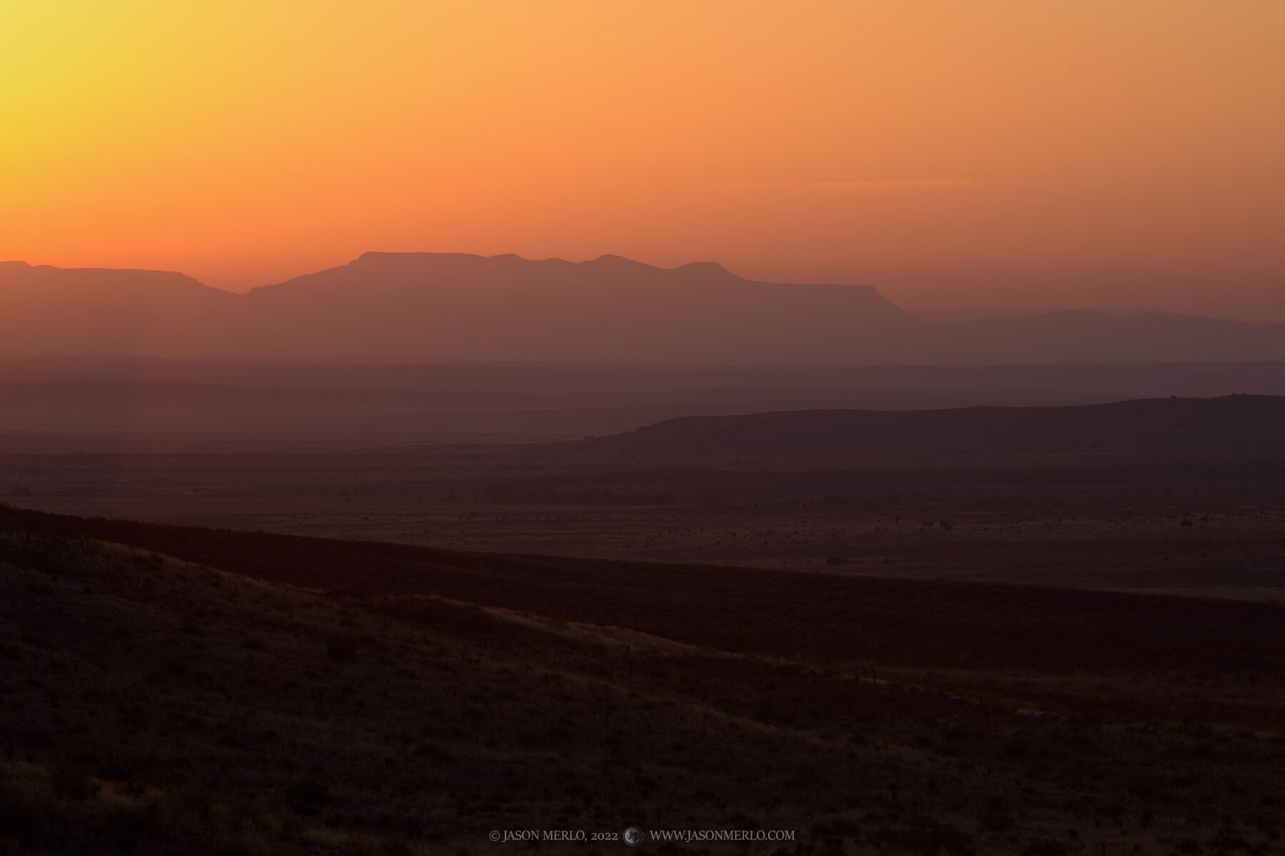 A hazy sunrise over the Marfa Plateau in Presidio County, Texas.