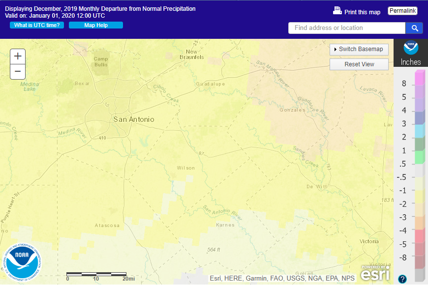 December 2019 departure from normal rainfall in South Texas