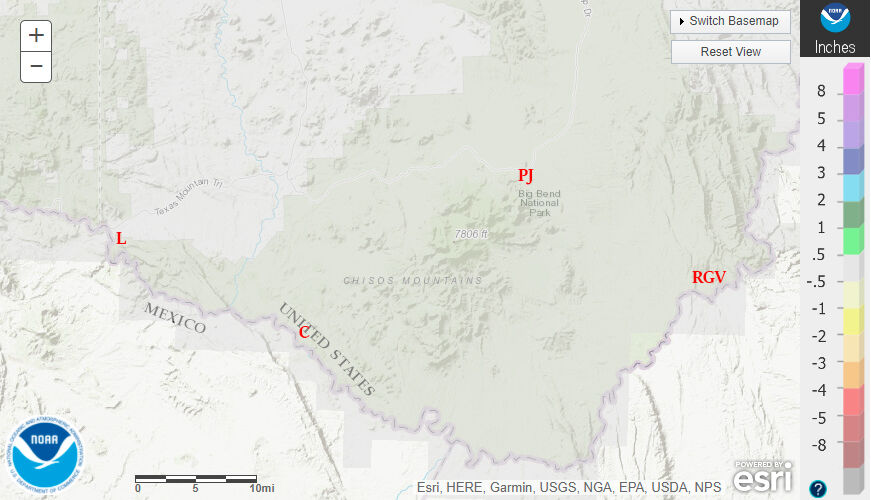 January 2022 departure from normal rainfall in the Big Bend of Texas.