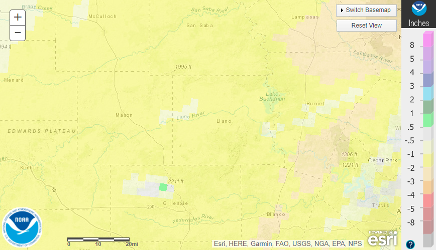 December 2021 departure from normal rainfall in the Texas Hill Country