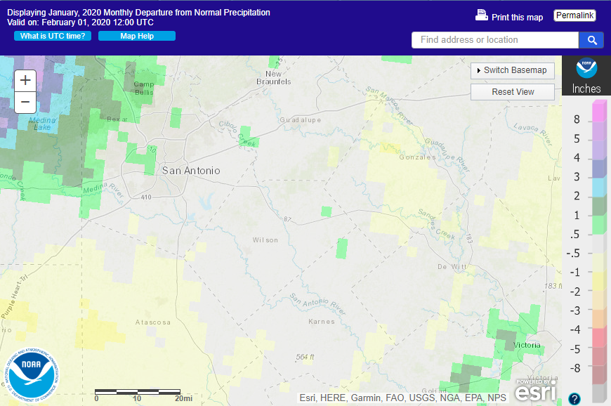 January 2020 departure from normal rainfall in South Texas