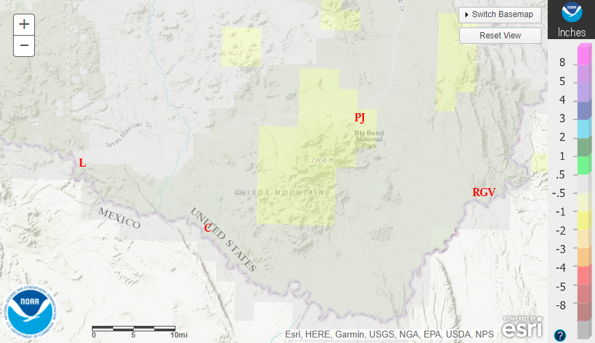 December 2021 departure from normal rainfall in the Big Bend of Texas.