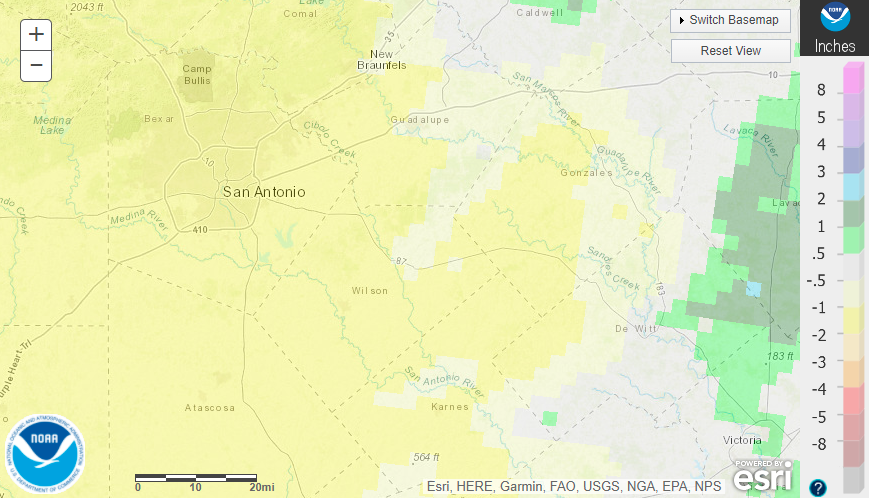 January 2022 departure from normal rainfall in South Texas