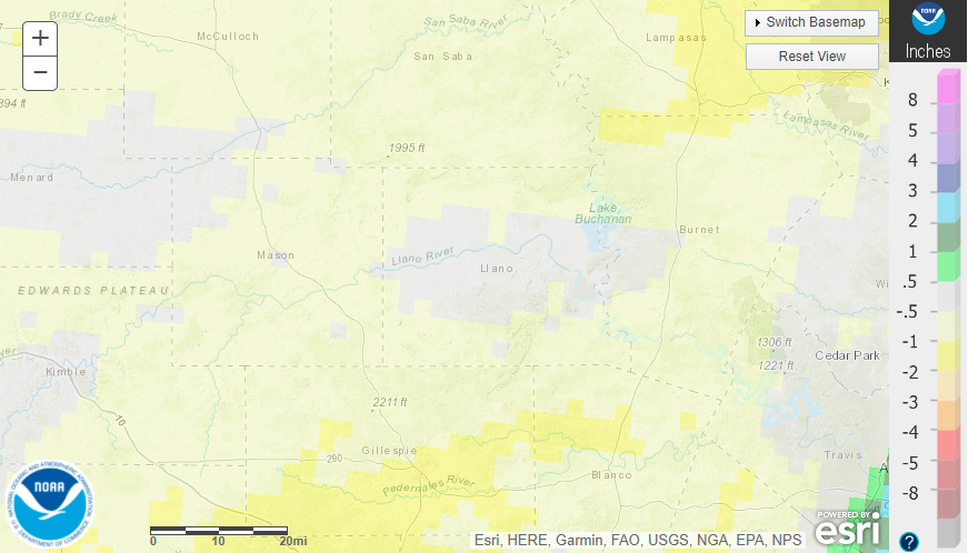 January 2022 departure from normal rainfall in the Texas Hill Country