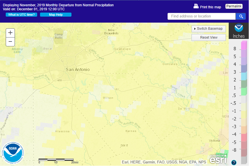 November 2019 departure from normal rainfall in South Texas