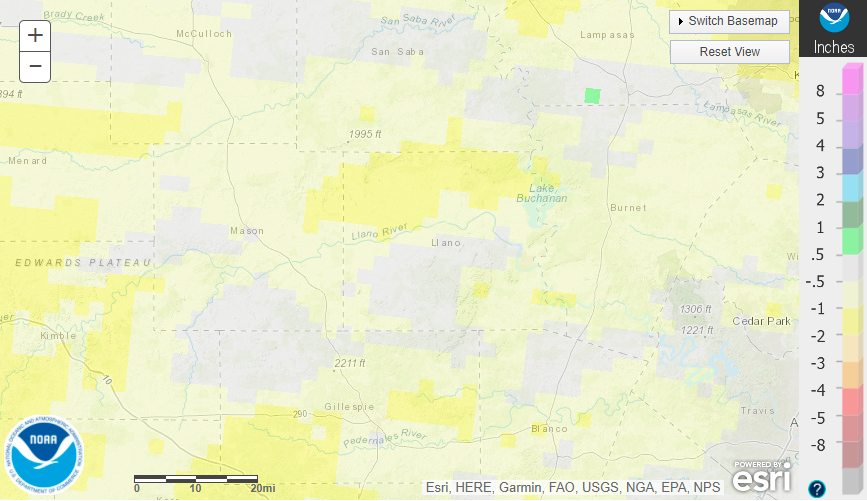 November 2021 departure from normal rainfall in the Texas Hill Country