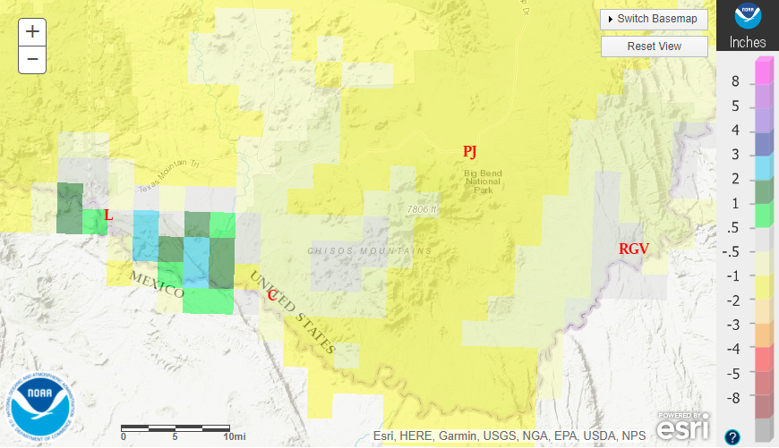 October 2021 departure from normal rainfall in the Big Bend of Texas.