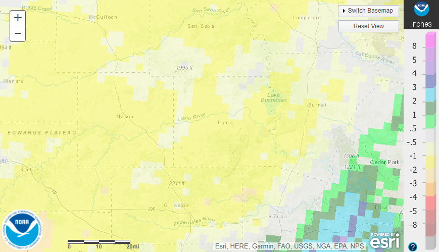 October 2021 departure from normal rainfall in the Texas Hill Country