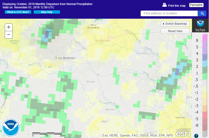 October 2019 departure from normal rainfall in South Texas