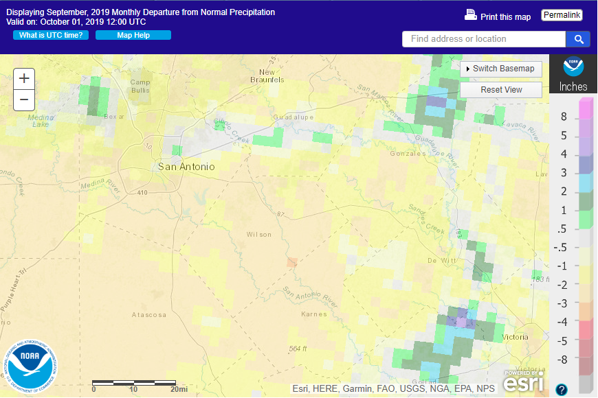 September 2019 departure from normal rainfall in South Texas