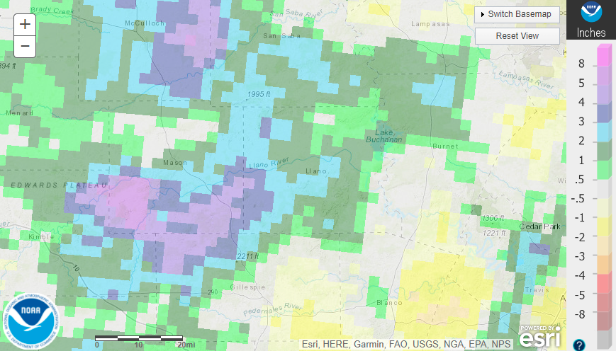 September 2021 departure from normal rainfall in the Texas Hill Country