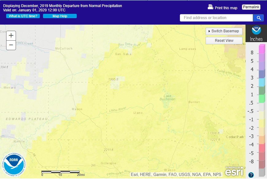 December 2019 departure from normal rainfall in the Texas Hill Country