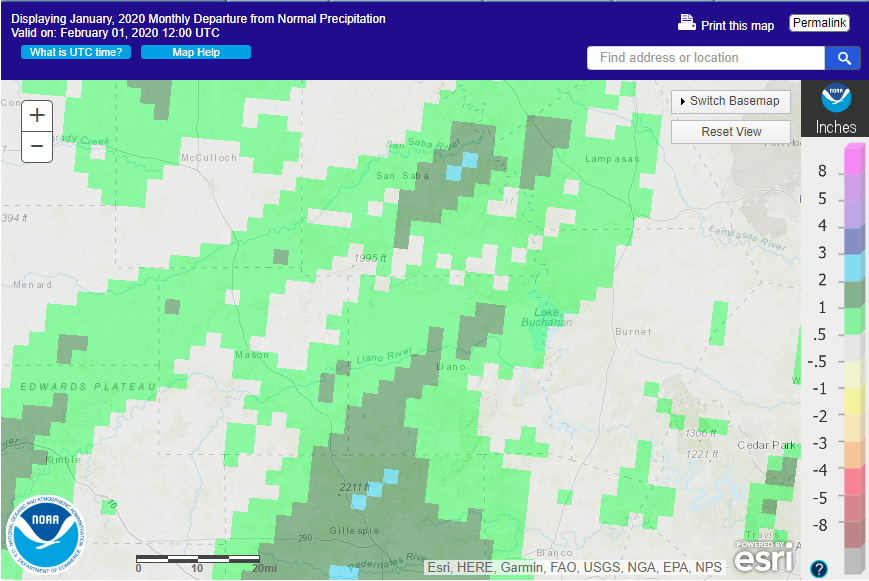 January 2020 departure from normal rainfall in the Texas Hill Country