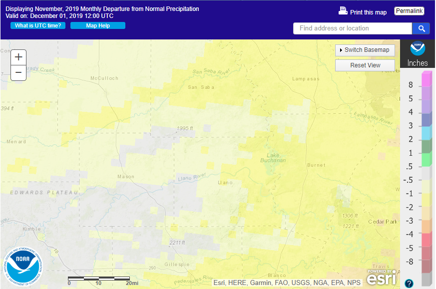 November 2019 departure from normal rainfall in the Texas Hill Country