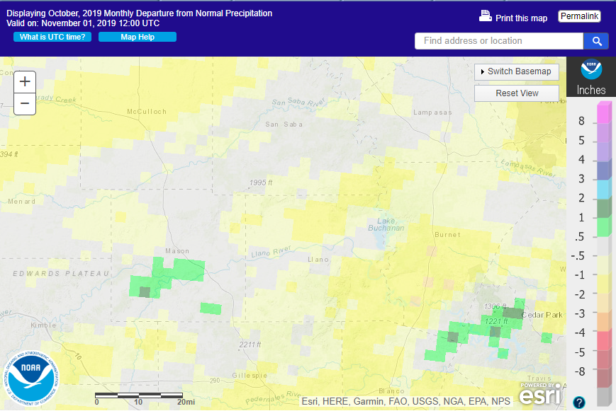 2019 departure from normal rainfall in the Texas Hill Country