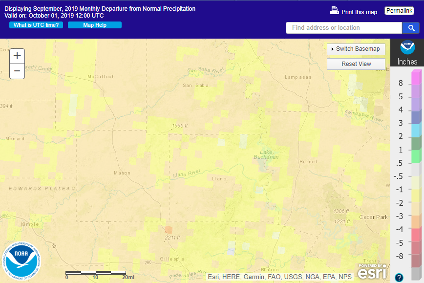 September 2019 departure from normal rainfall in the Texas Hill Country