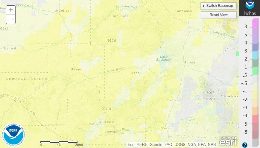 February 2023 departure from normal rainfall in the Texas Hill Country