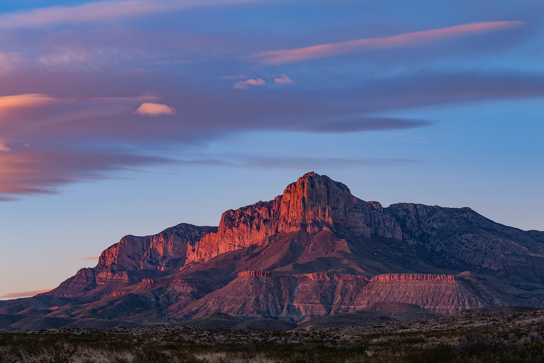 Last light on the Guadalupe Mountains at Guadalupe Mountains National Park in Culberson County, Texas.