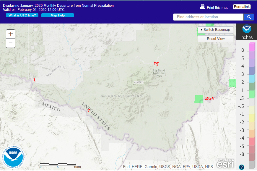 Big Bend January 2020 departure from normal rainfall