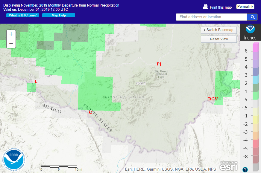 Big Bend November 2019 departure from normal rainfall