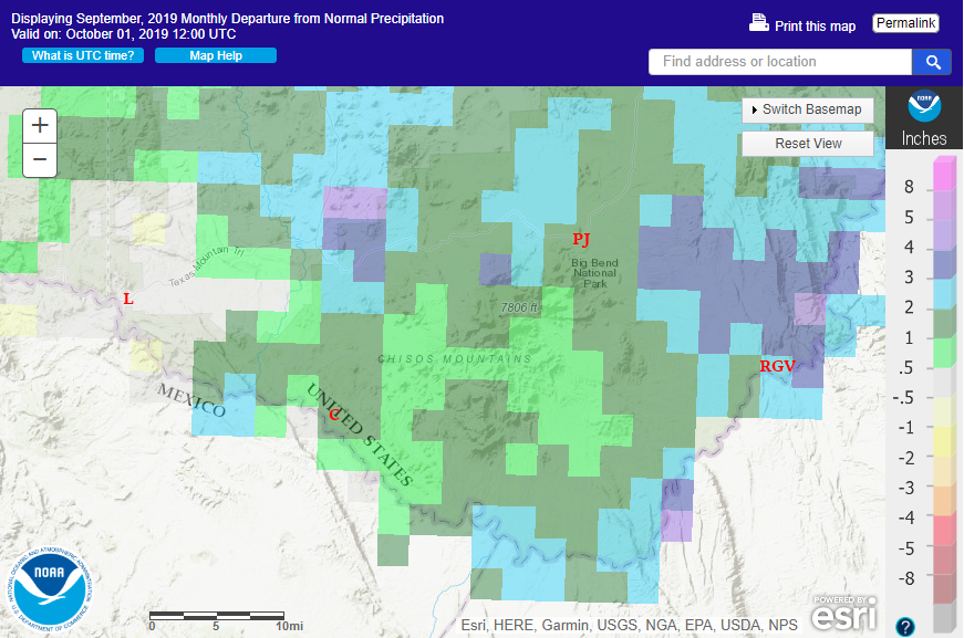 Big Bend September 2019 departure from normal rainfall